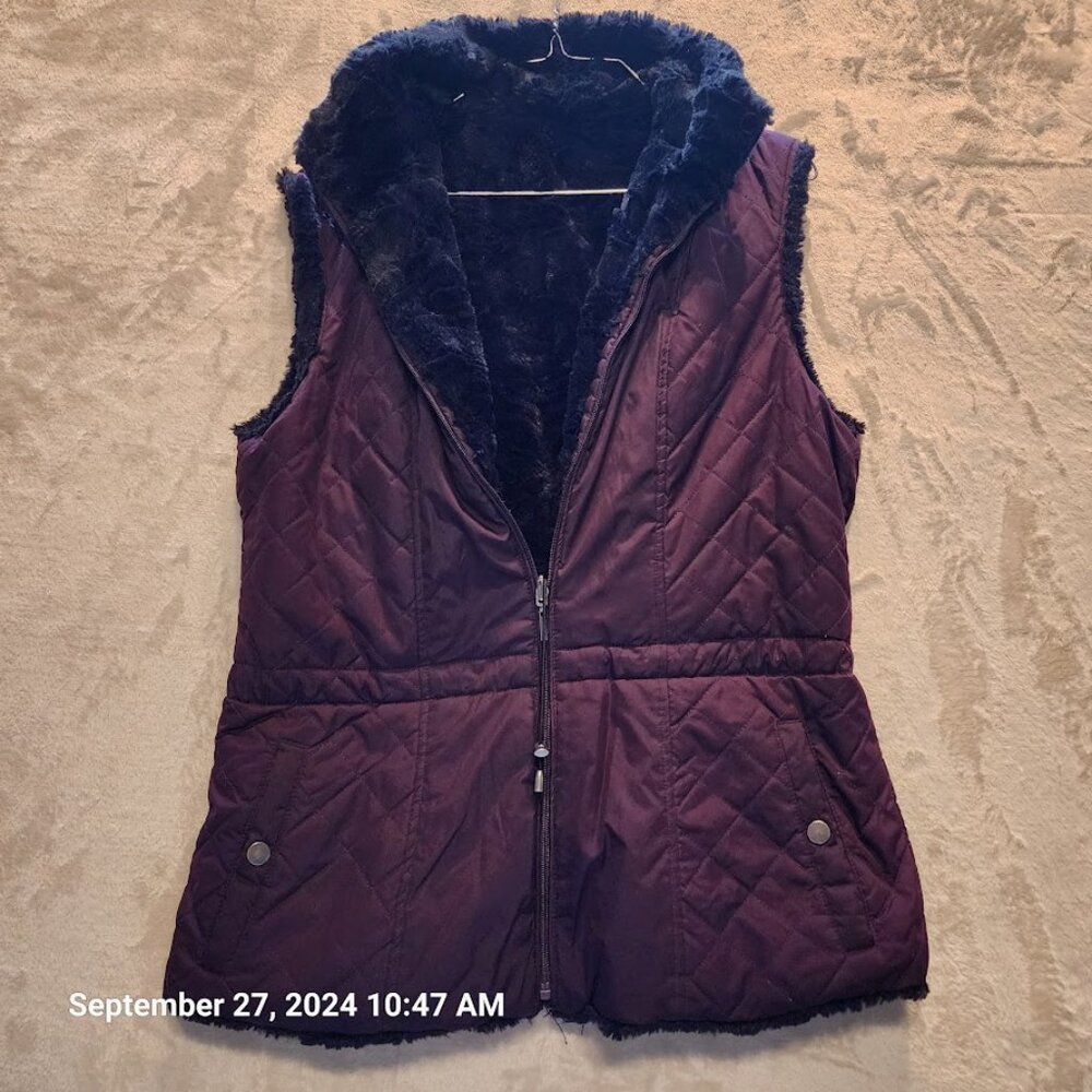 Giacca Reversible Faux Fur Black Purple Vest Size Medium Full Zip Toggle Cinch